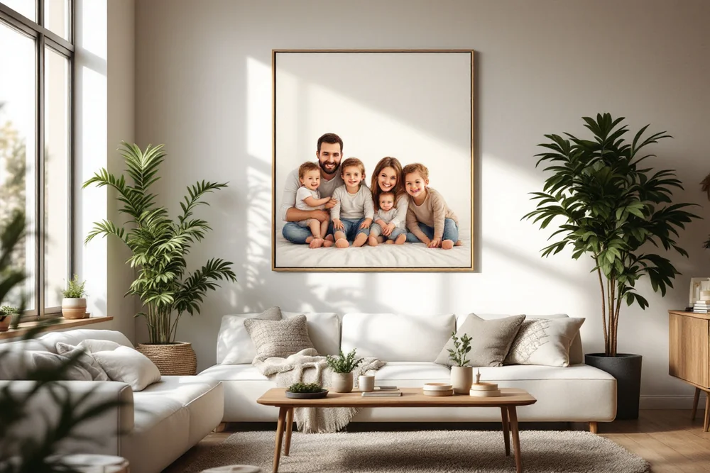 A finished family portrait printed on gallery canvas, hanging on a living-room wall