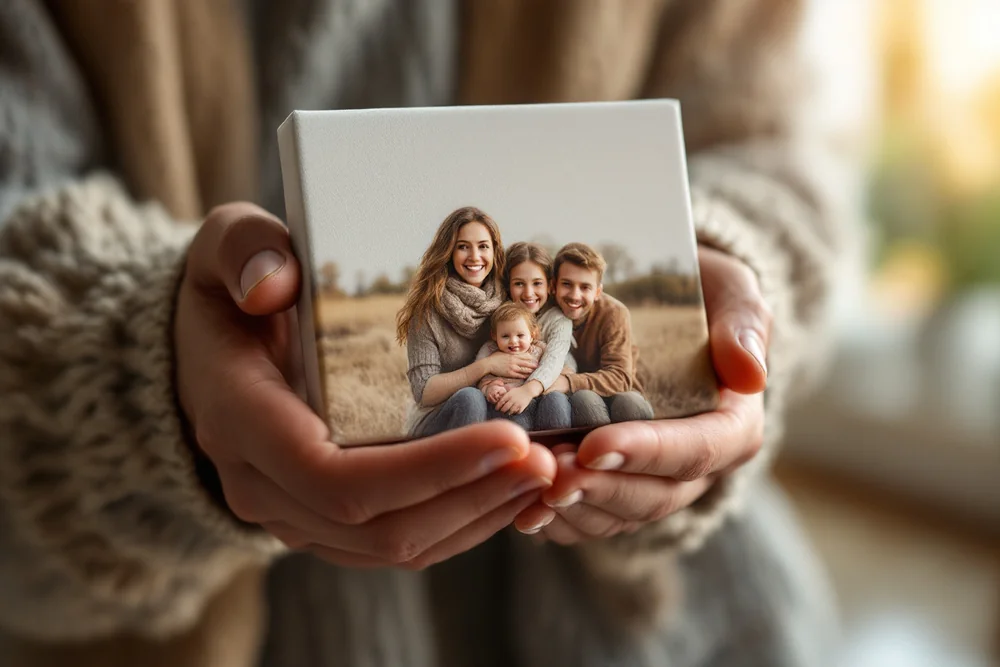 Hands holding a printed proof of a family portrait to review it